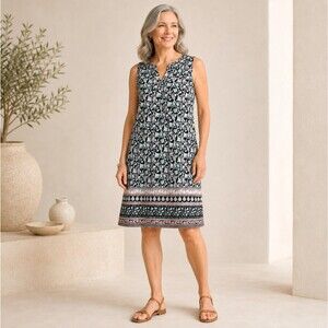 J Jill Wearever Paisley Floral Dress S Petite Black Blue Sleeveless Stretch EUC
